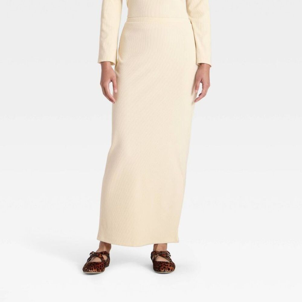 Women's High-Rise Brushed Ribbed Maxi Skirt - A New Day Cream XL